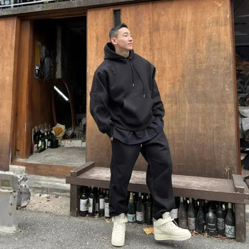 Hooded Sweatshirt Men's Autumn Winter Velvet Two-piece Set American Oversize Loose Casual Sweatpants Suit Aesthetic Streetwear